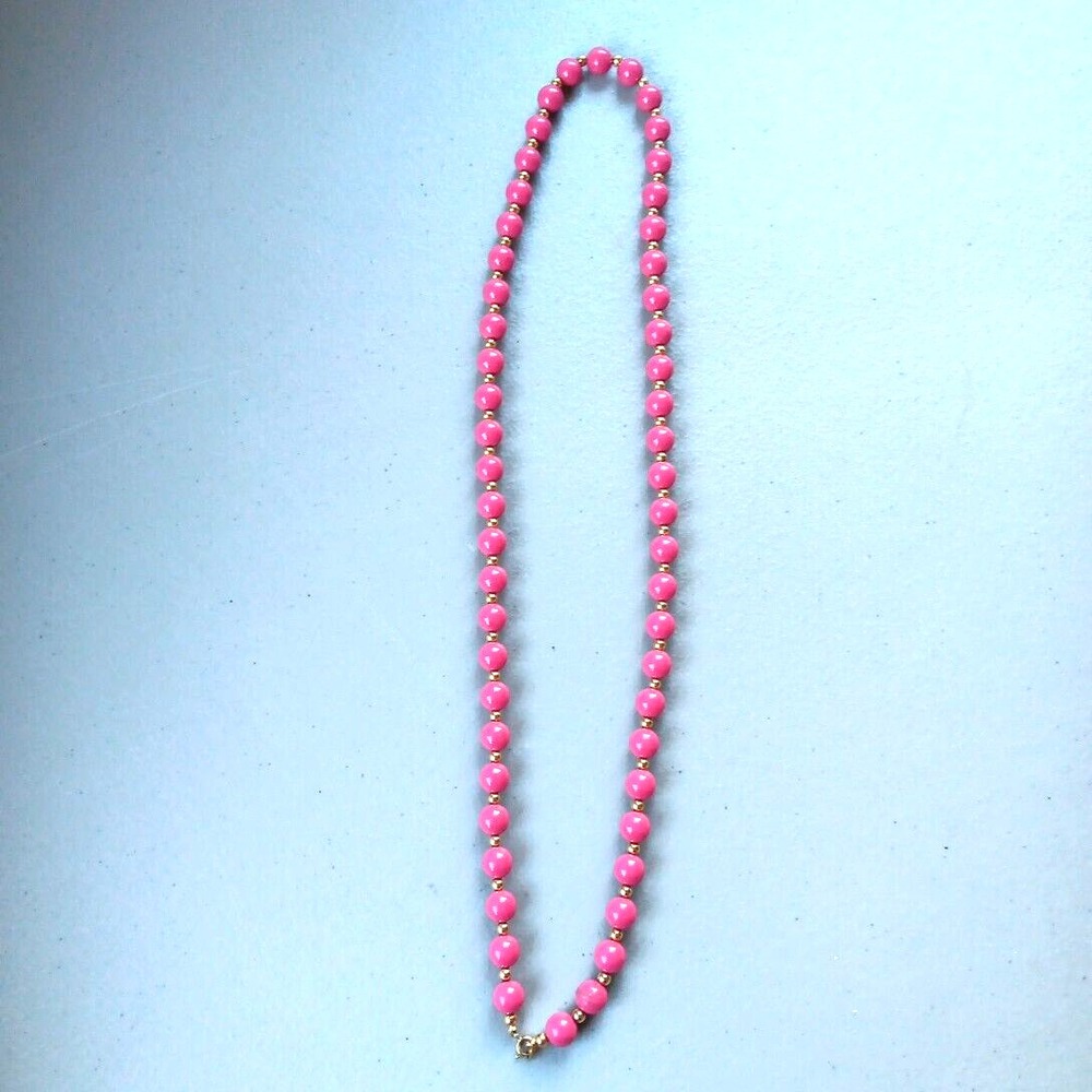 VTG Crown Trifari Beaded Necklace 25" Pink Gold Ball Spacers Signed Barbicore - Picture 3 of 5
